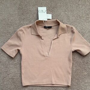 Zara Women's Beige Crop Polo Top
